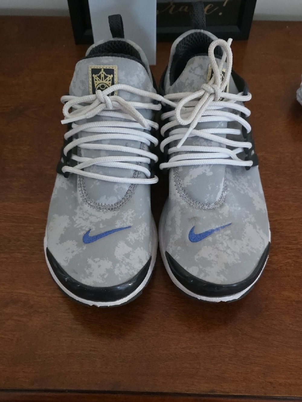 Nike Gray Camouflage Sneakers with Blue Swoosh
